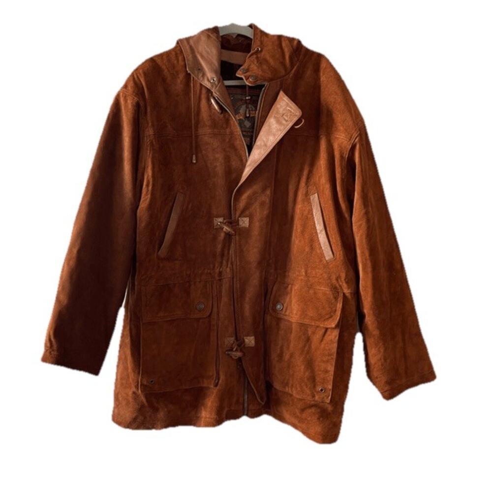 Vintage 90s Adventure Bound Wilson’s Heavy Leather Brown Hooded Anorak Coat Sz S